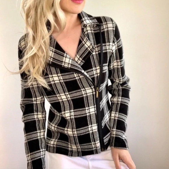 Chaps Black & White Grid Pattern Plaid Long Sleeve Knit Zip Up Jacket Blazer XXL - Picture 13 of 13